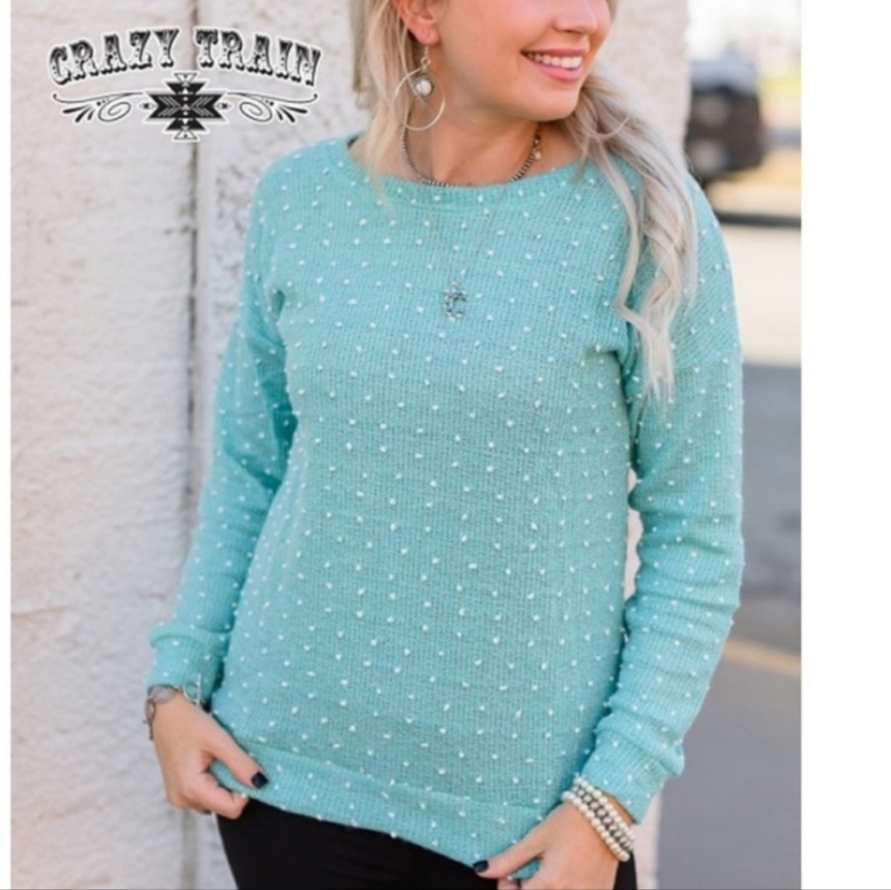 NWT! Crazy Train Sweater Women's Size XL Extra Large Turquoise White Dots NEW!